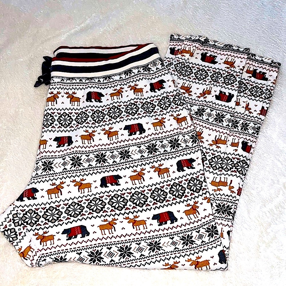 PJ SALVAGE 🫎🦌 WHITE/RED COTTON MOOSE DEER BEAR SNOWFLAKE THERMAL PAJAMA PANTS 2X - Picture 5 of 8